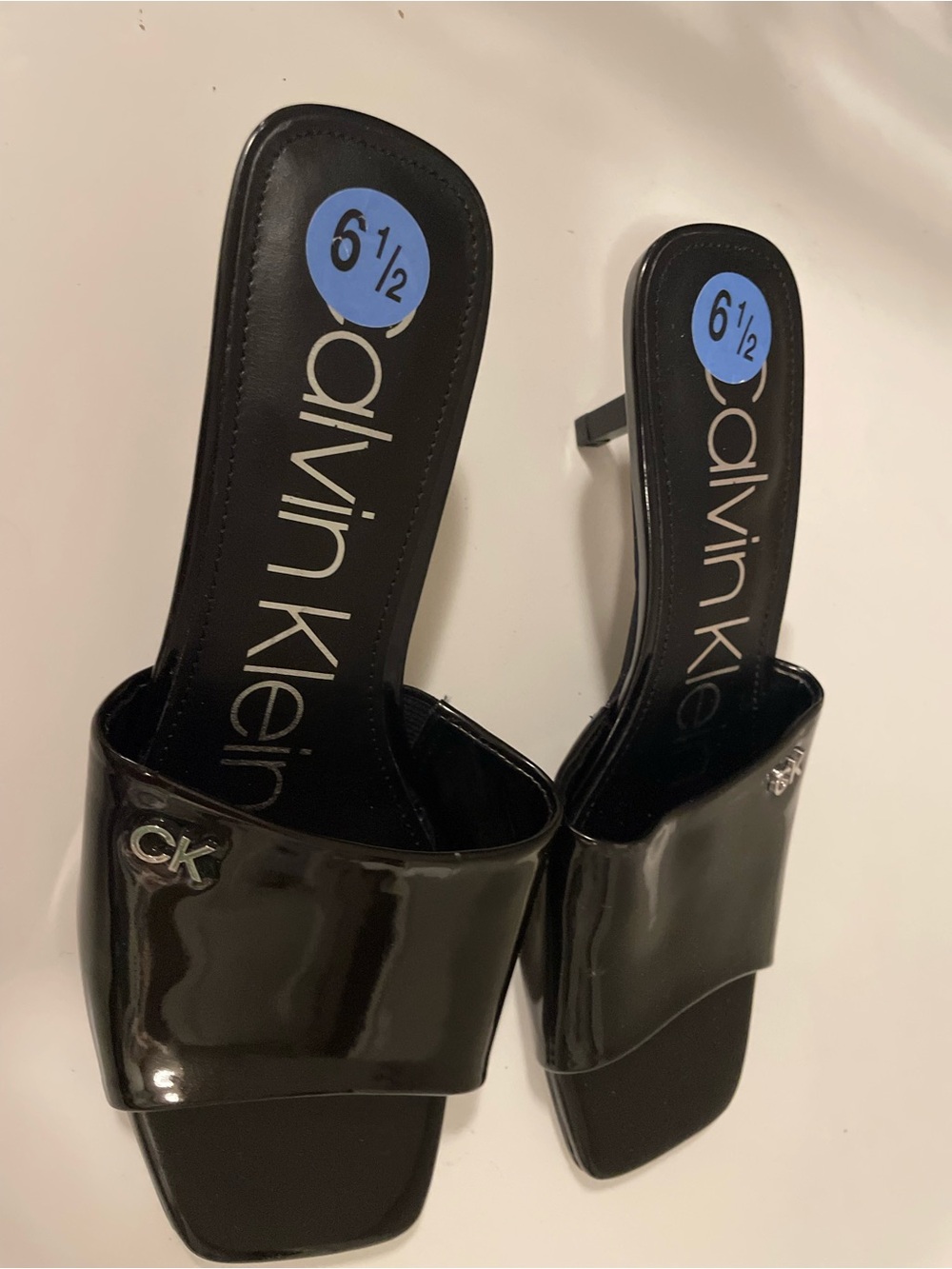 NWOT Calvin Klein Black Patent Slide Mules with CK Logo